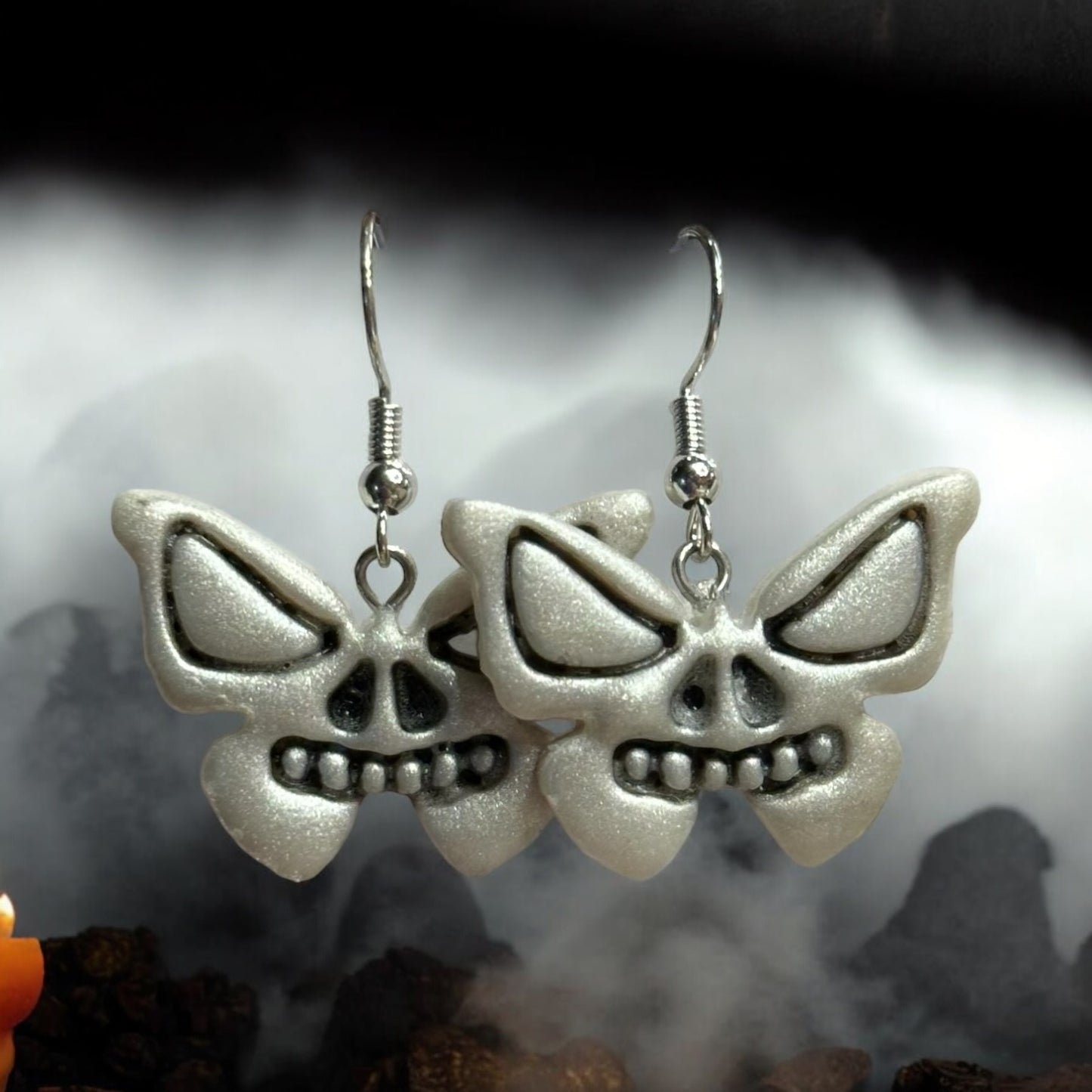 Skull Butterfly Dangle Earrings - Handmade w/ Clay