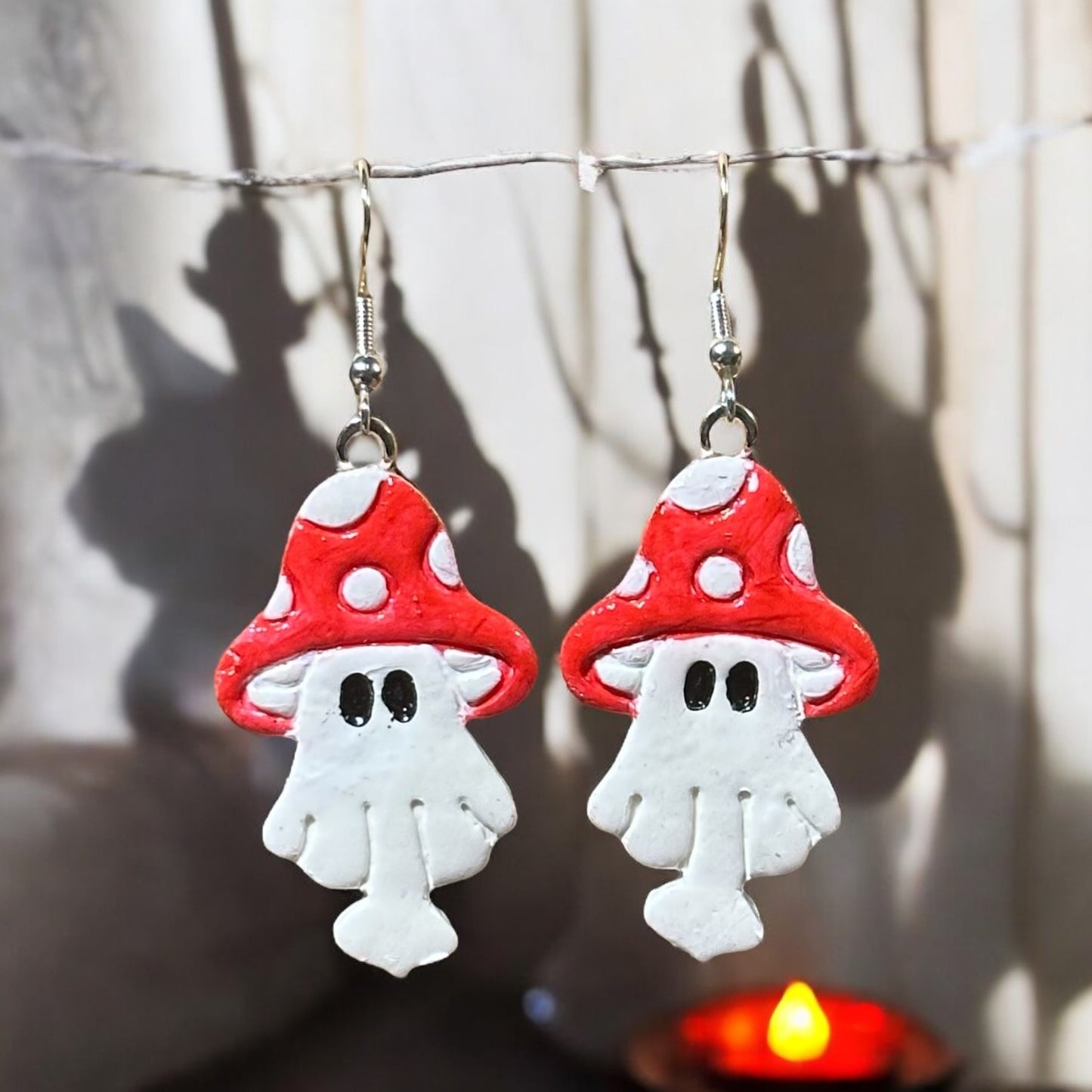 Clay Mushroom Ghost Dangle Earrings - by CBSM