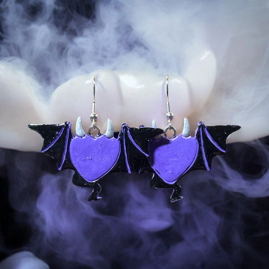 Clay Heart With Bat Wings Dangle Earrings - by CBSM