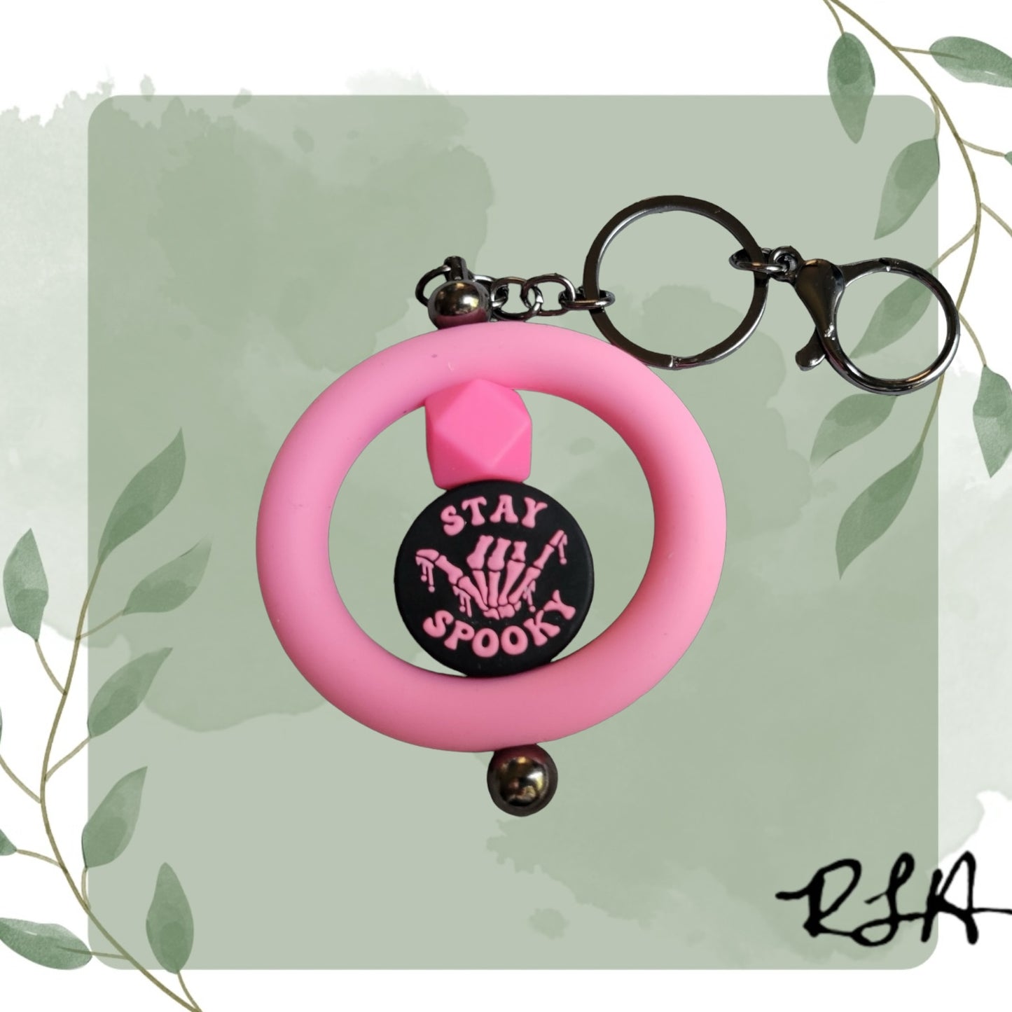 Pink Stay Spooky Circle Silicone Beaded Keychain by RLH Creative Design