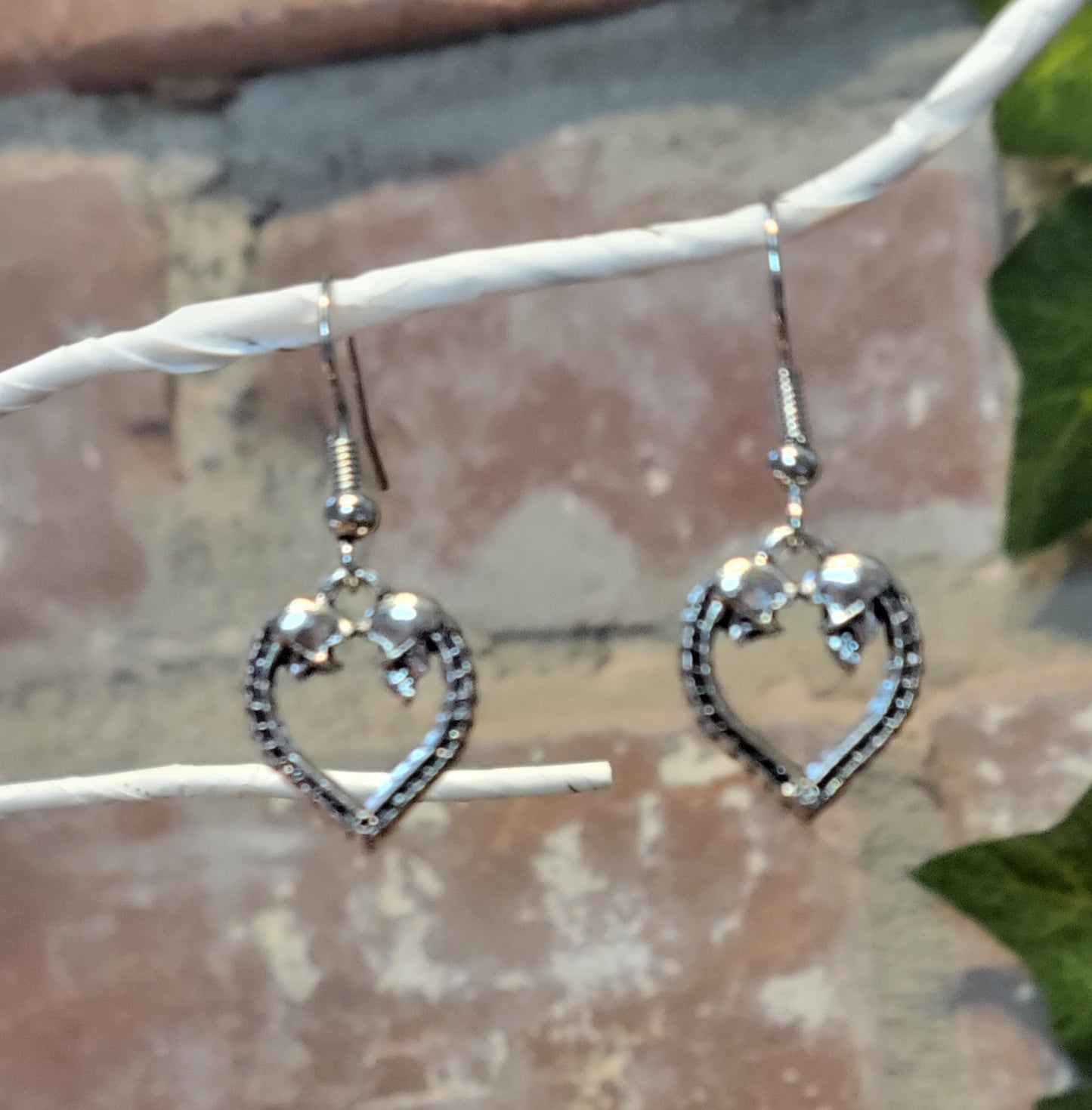 Double Skull Heart Dangle Earrings