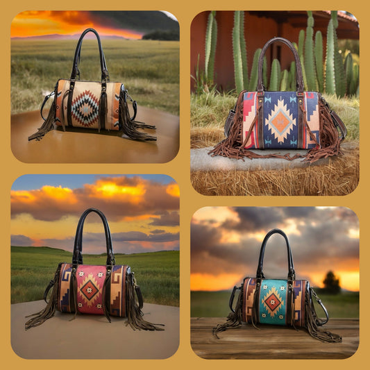 Boho Vintage Fringe Barrel Bag