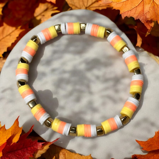 Candy Corn Colors Clay Beaded Stretch Bracelet With Gold Accent Beads