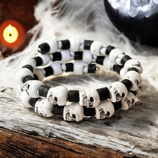 Skull Clay Beaded Spiral Wire Bracelet