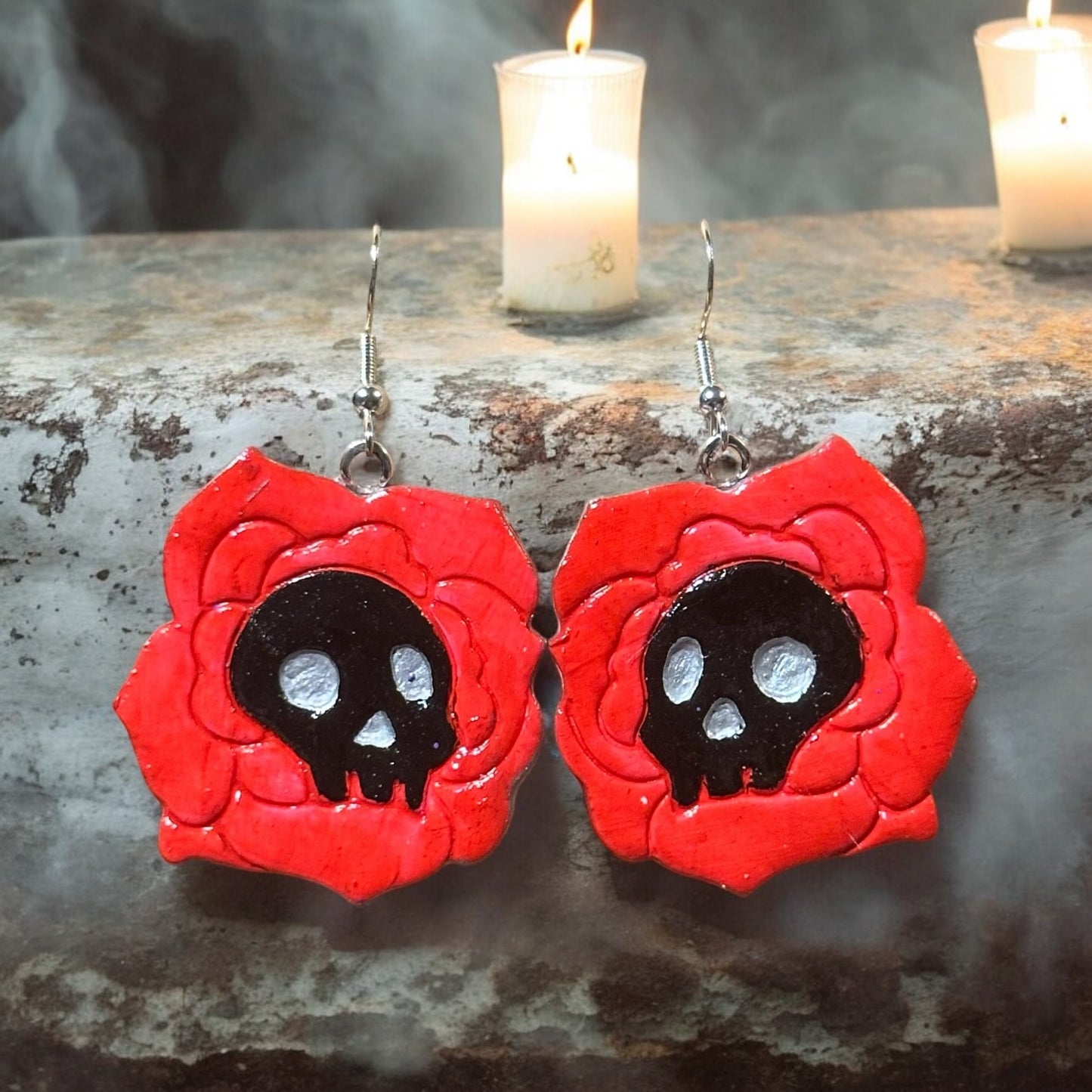 Clay Skull Rose Dangle Earrings - Handmade by CBSM