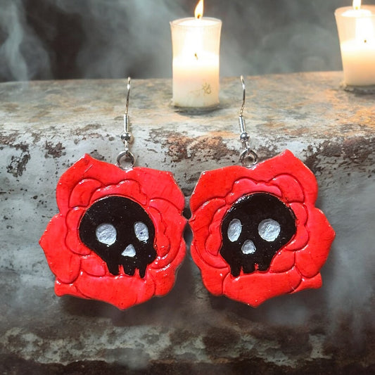 Clay Skull Rose Dangle Earrings - Handmade by CBSM