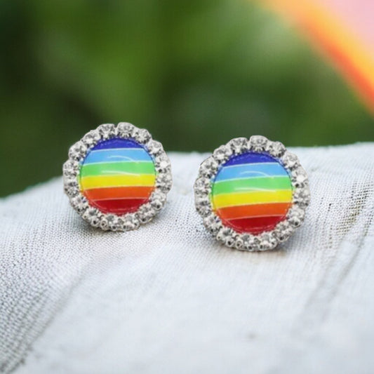 Rainbow Rhinestone Pride Button Embellishment Stud Earrings