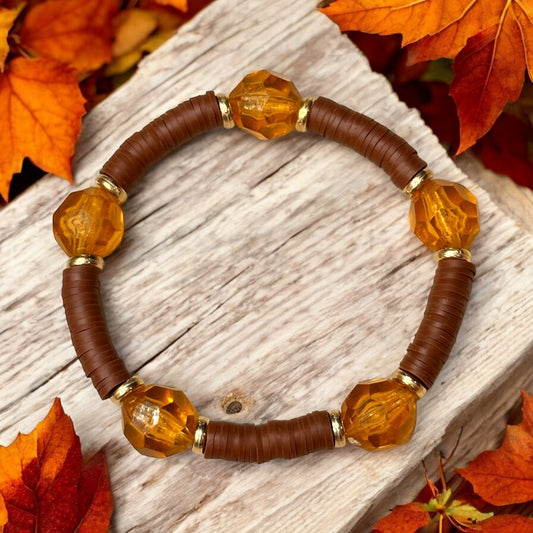 Brown Clay Beaded Stretch Bracelet With Amber And Gold Accent Beads