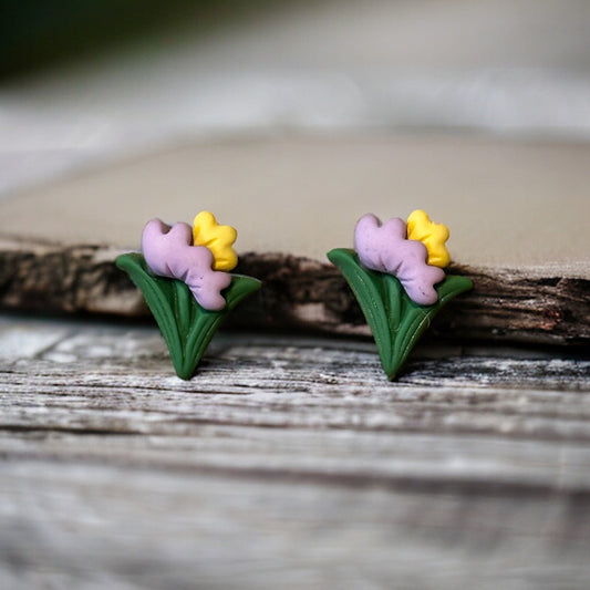 Purple and Yellow Flowers with Stem Stud Earrings