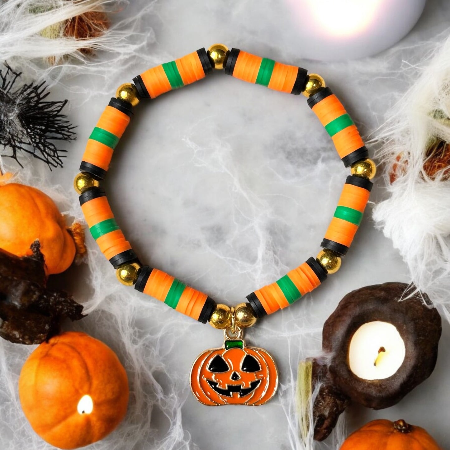 Halloween Jack-o'-lantern Charm Clay Beaded Stretch Bracelet