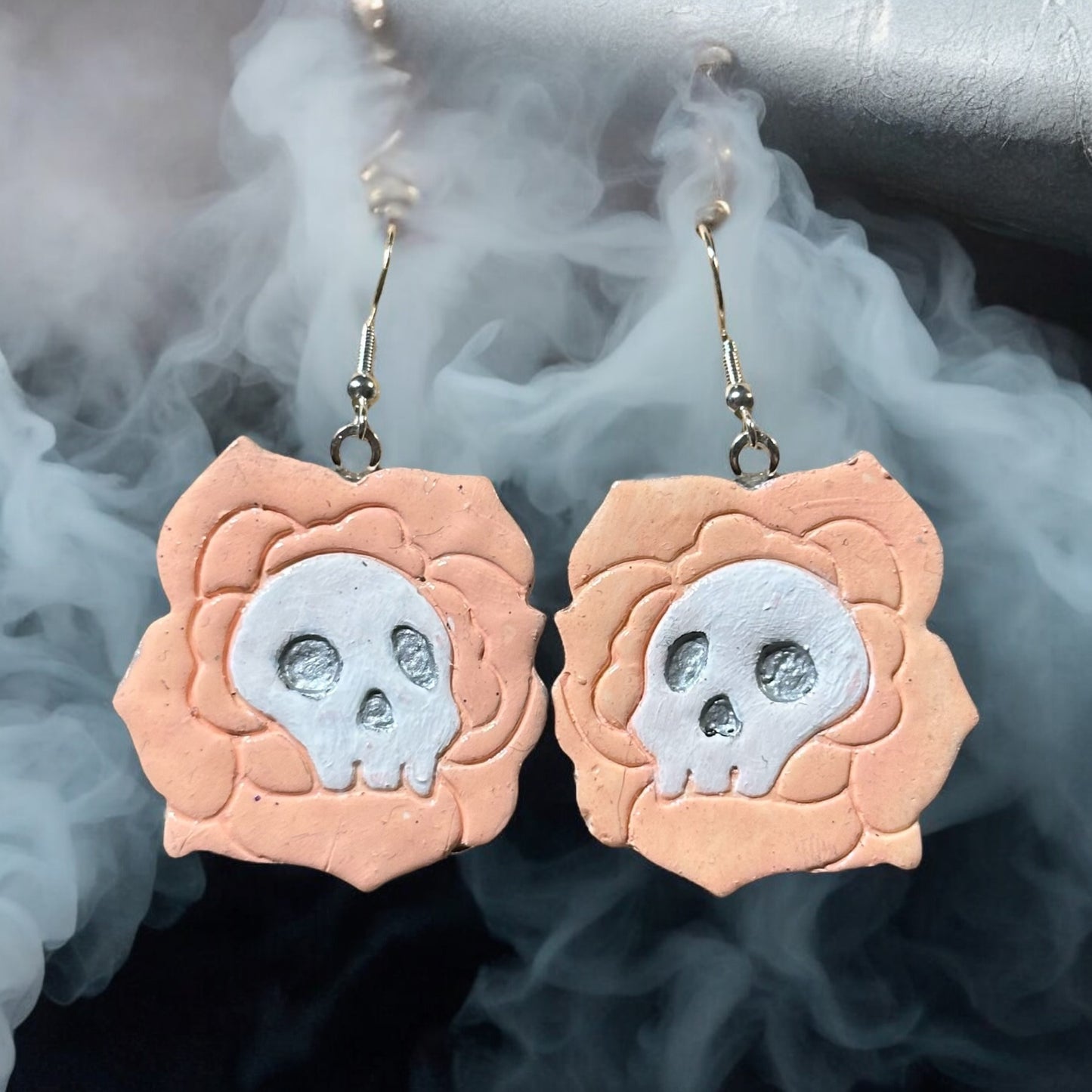 Clay Skull Rose Dangle Earrings - Handmade by CBSM