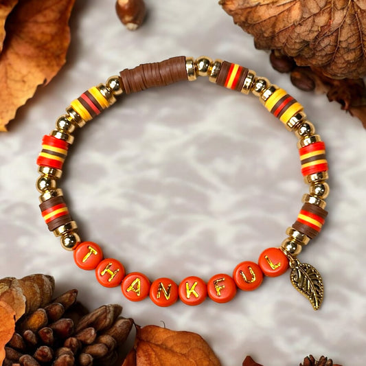 Thankful Clay Beaded Stretch Bracelet With Leaf Charm