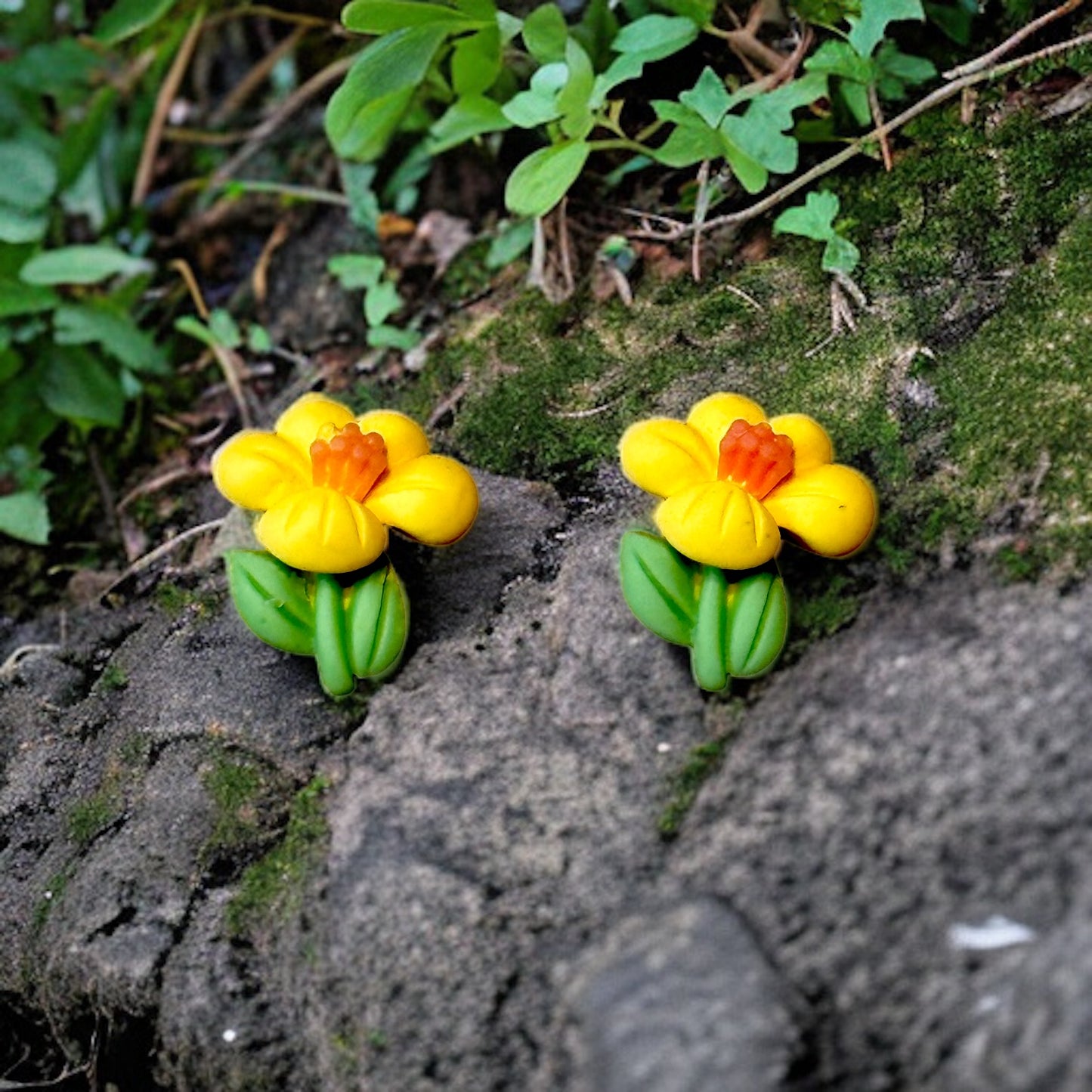 Yellow and Orange Open Flowers with Stems Stud Earrings