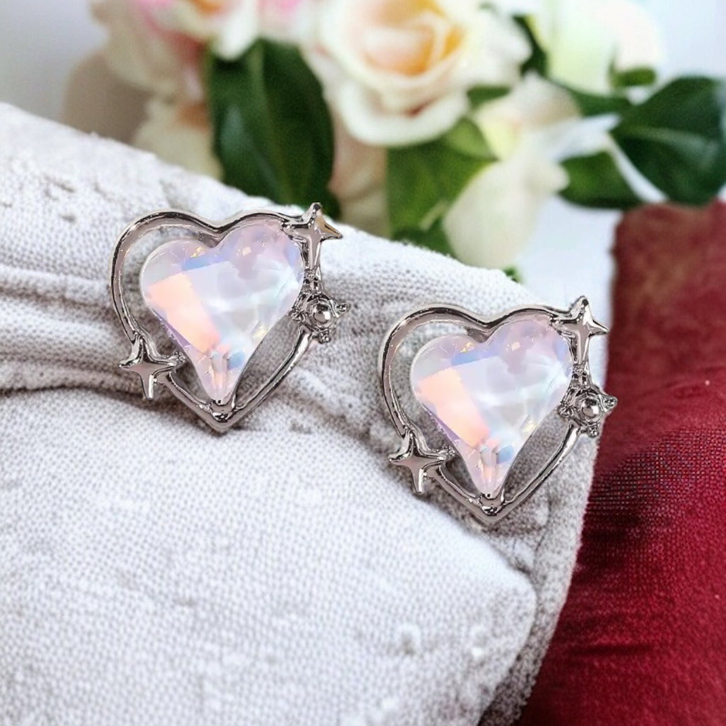 Aurora Sharp Diamond Crooked Heart Embellishment Rhinestone Stud Earrings