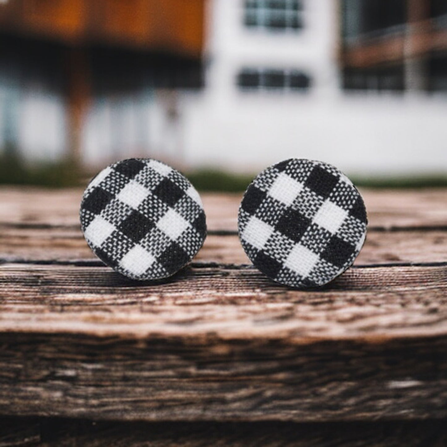 Black and White Checked Fabric Button Stud Earrings