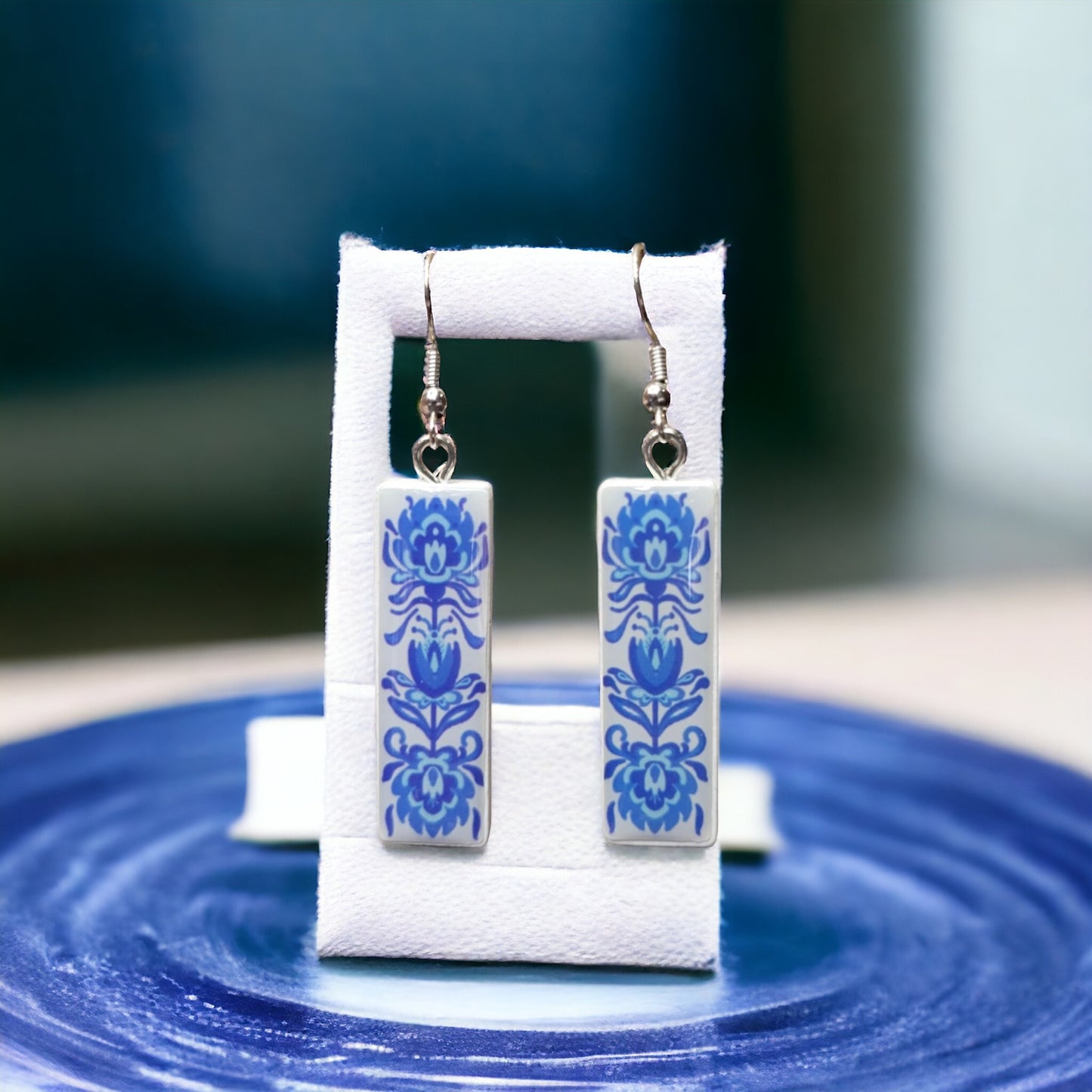 Blue & White Floral Dangle Tile Earring