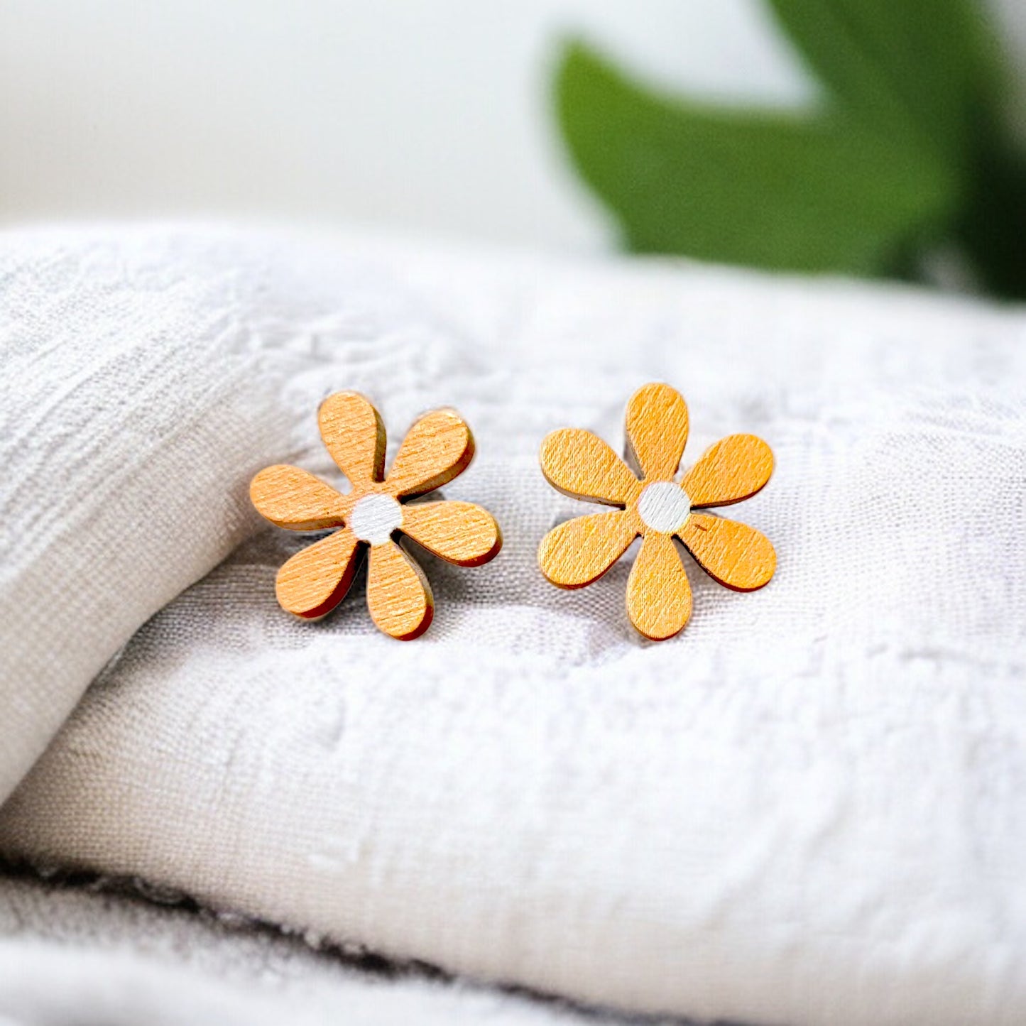 Wooden Daisy Flower Stud Earrings