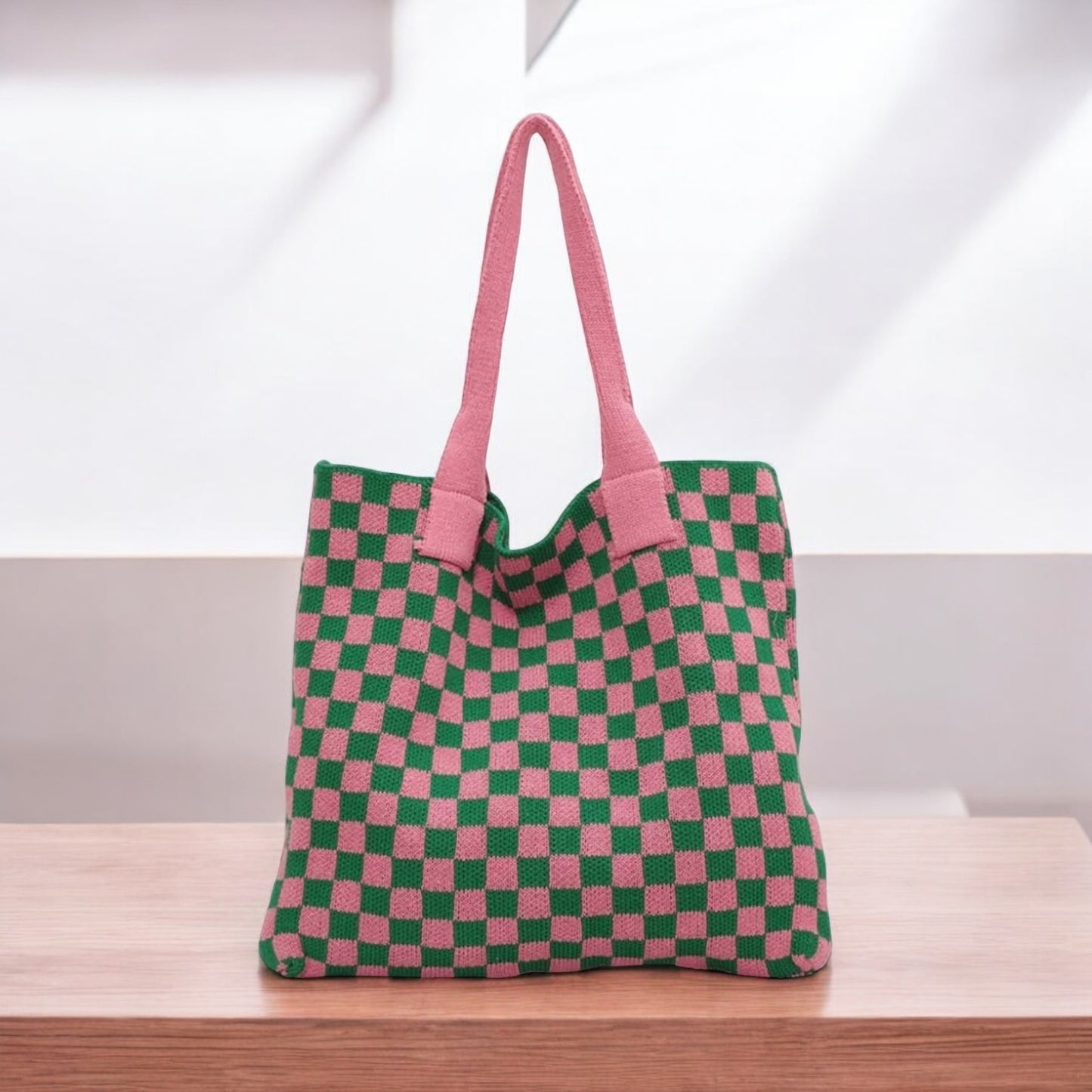 Checkered Knitted Pink & Green Tote Bag by RLH Creative Design