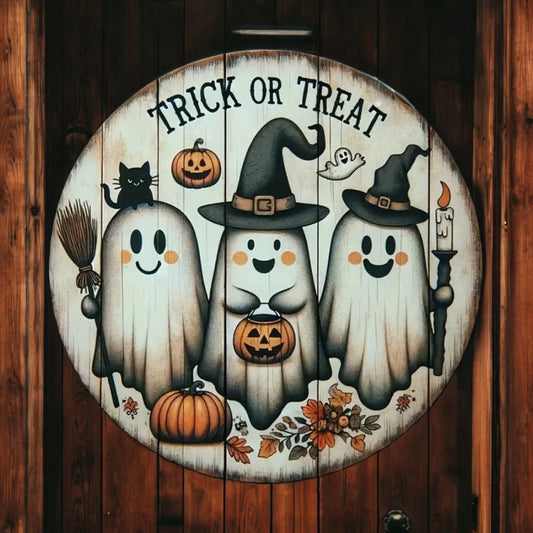 Trick or Treat Ghosts Rustic Halloween Wooden Door Hanger by RLH Creative Design