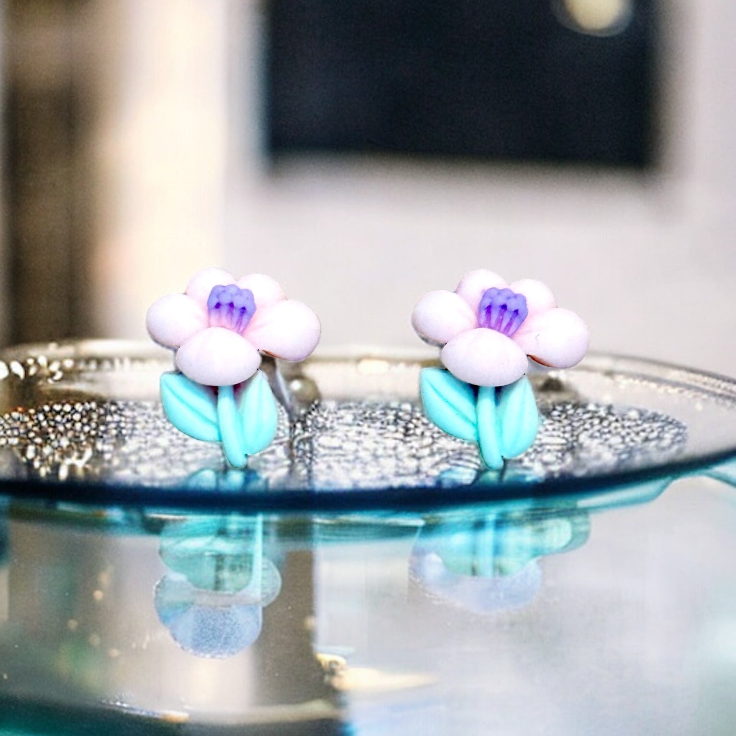 Pink and Purple Flower with Stem Stud Earrings