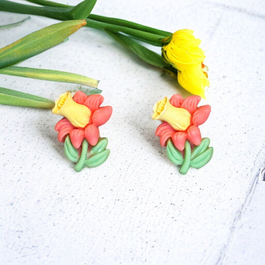 Yellow and Orange Flowers with Stem Stud Earring
