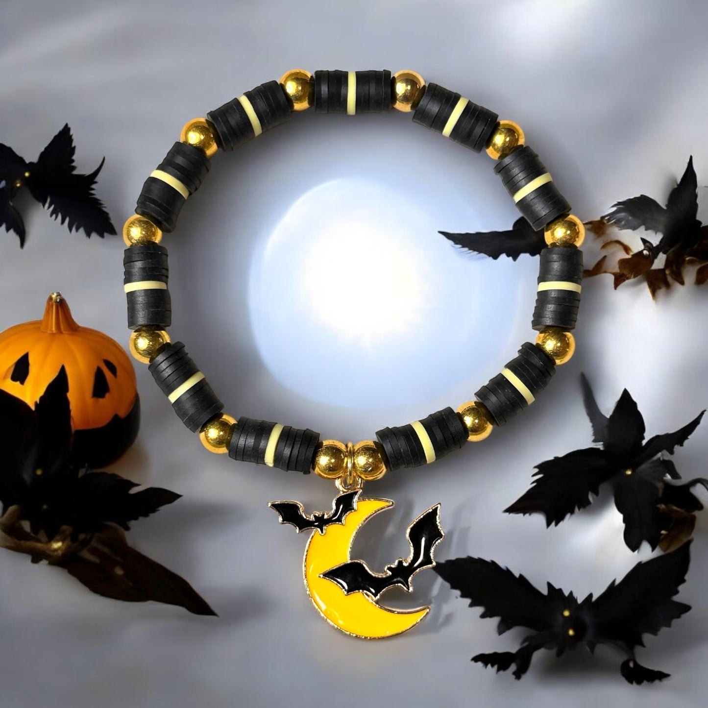 Halloween w/ Bats & Moon Charm Clay Beaded Stretch Bracelet