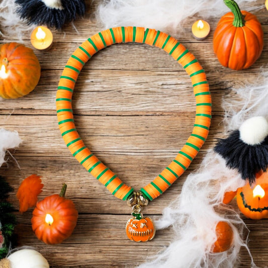 Halloween w/ Small Jack-o'-lantern Charm Clay Beaded Stretch Bracelet