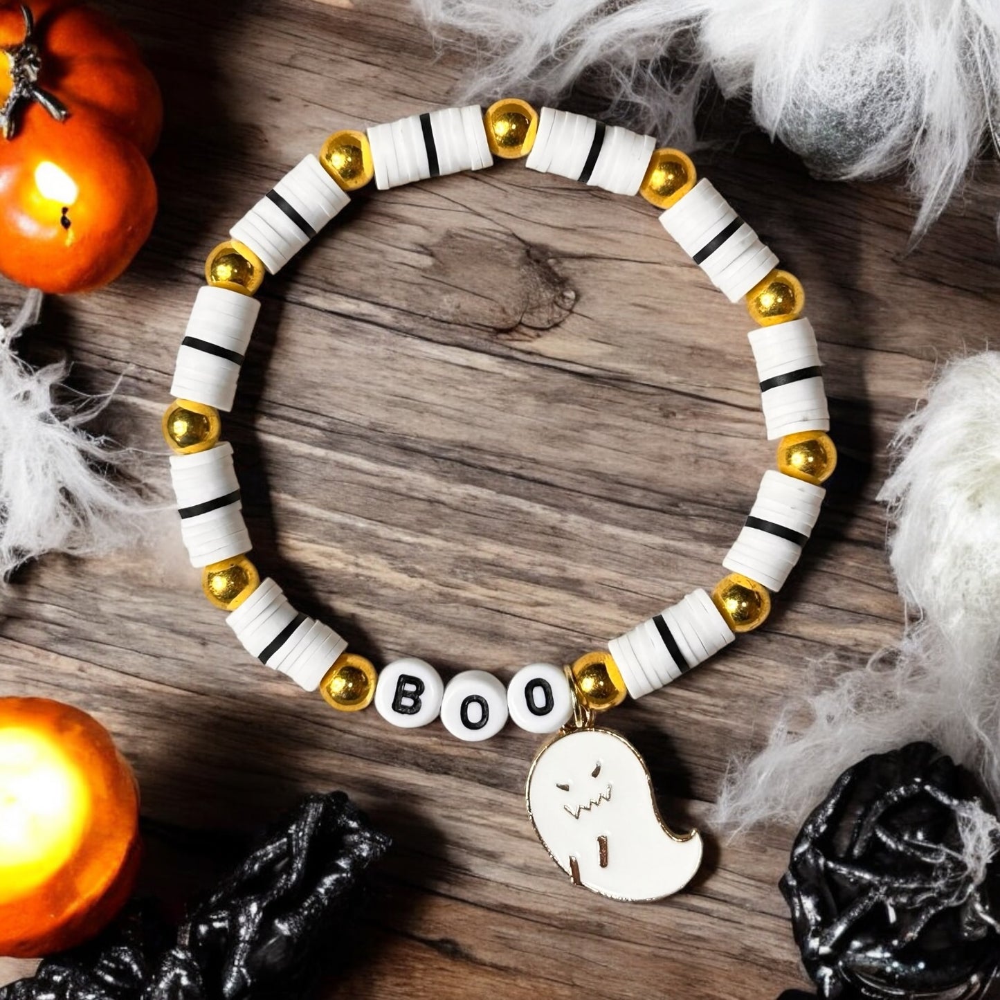 Boo Ghost Charm Clay Beaded Stretch Bracelet