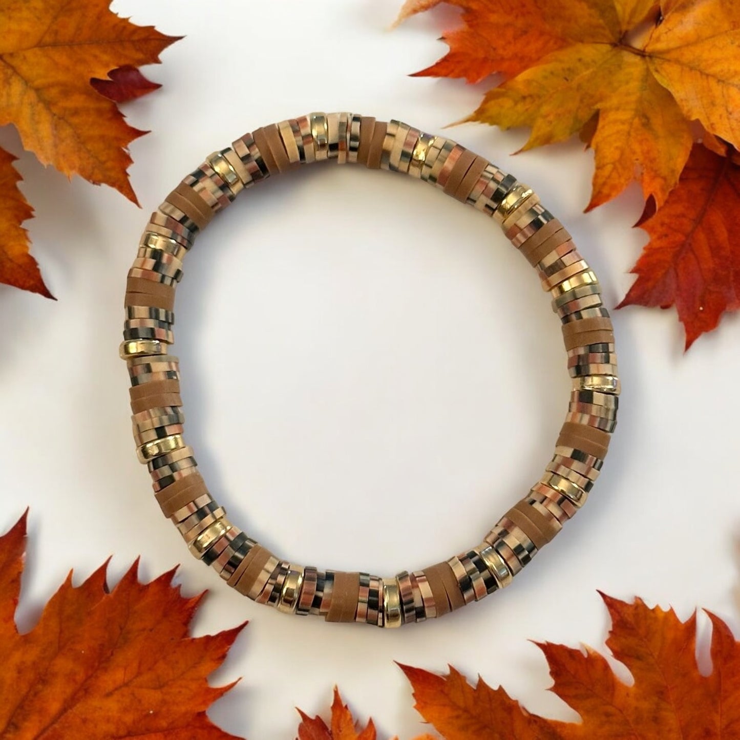 Shades of Brown Clay Beaded Stretch Bracelet With Gold Spacer Beads