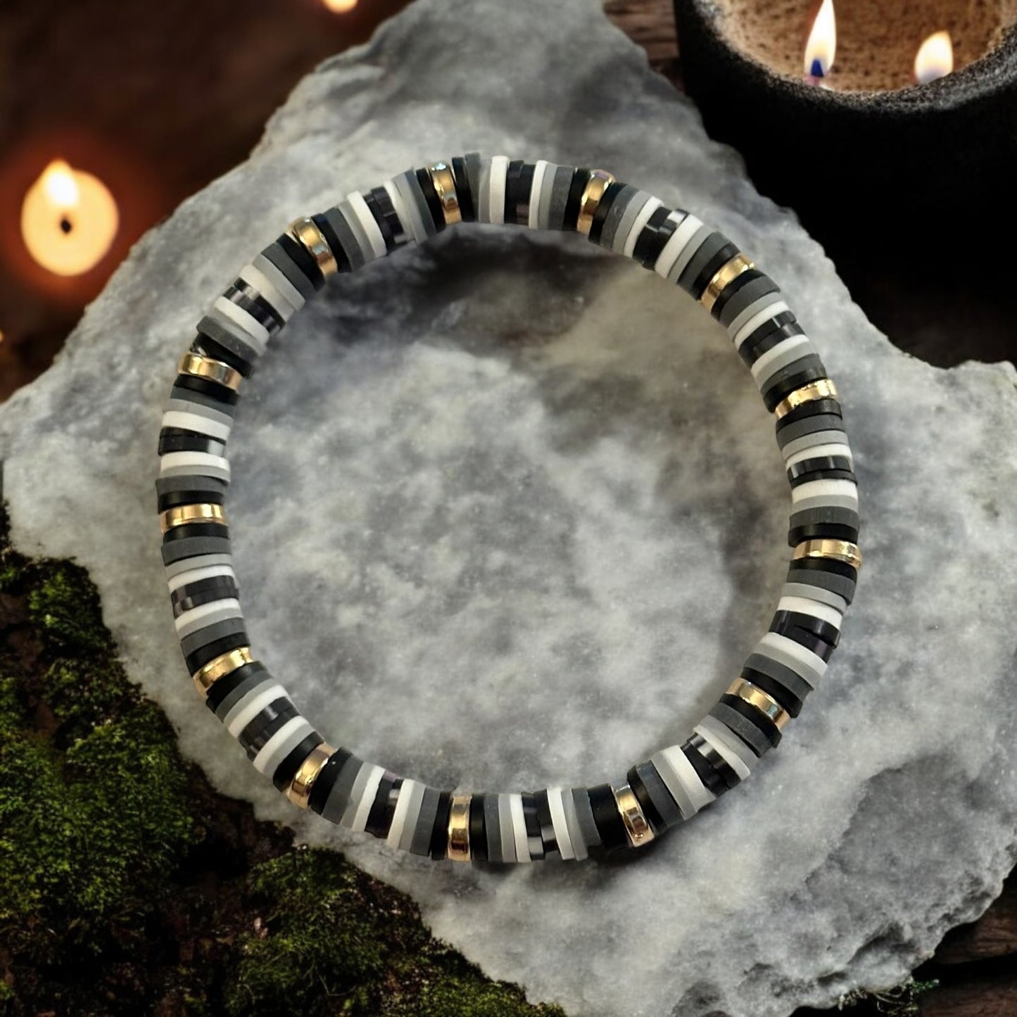 Greys, White, & Black Clay Beaded Stretch Bracelet With Gold Spacer Beads