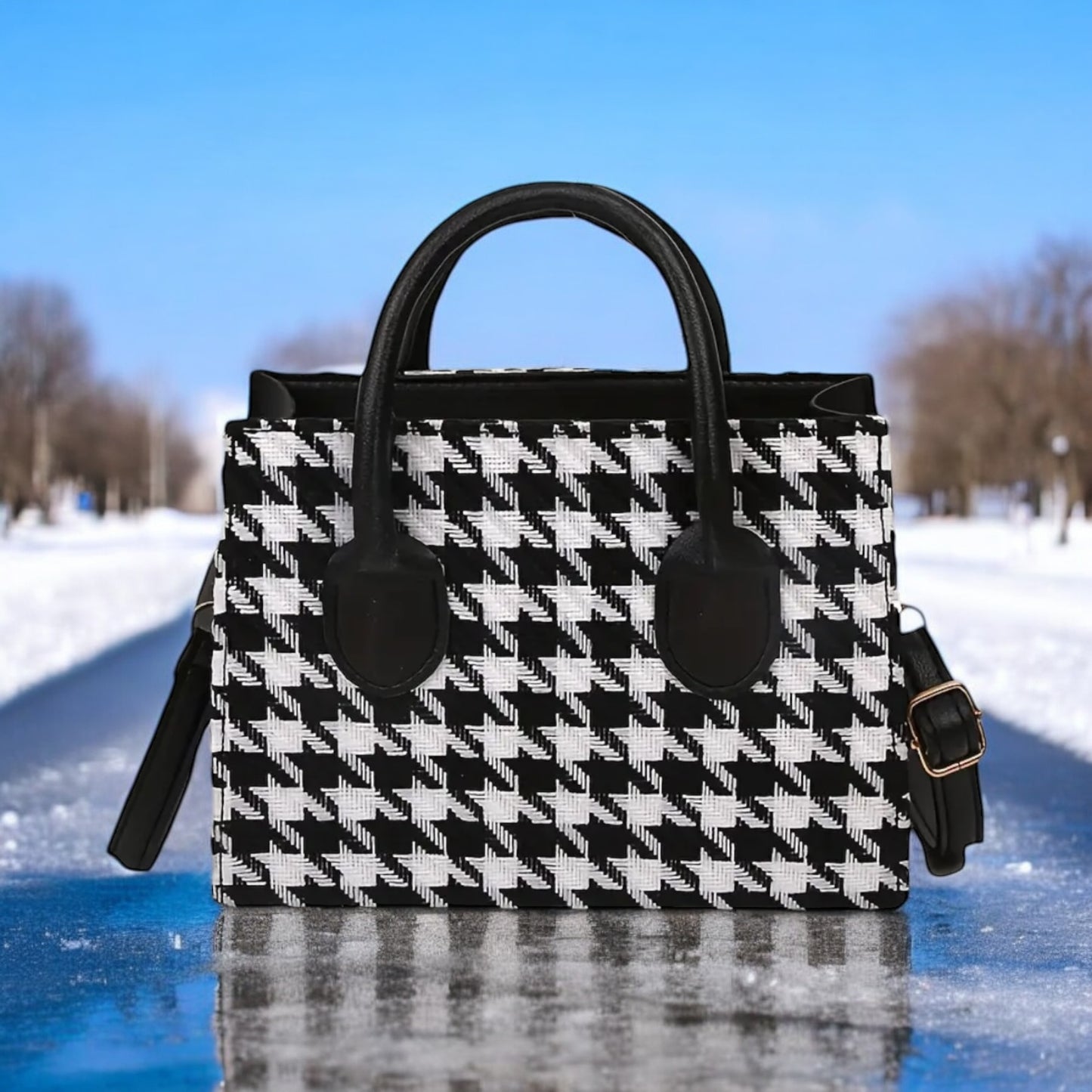 Houndstooth Plaid Crossbody Tote Bag