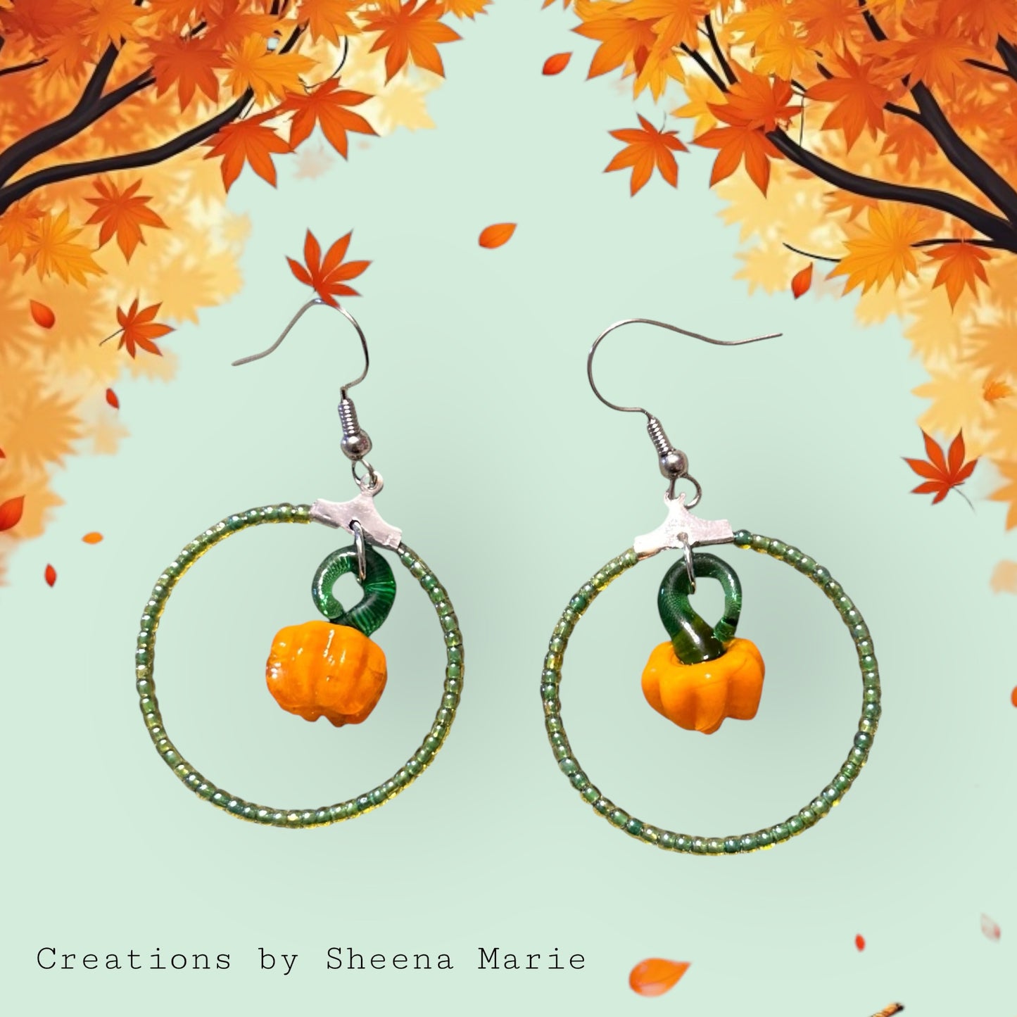 Czech Glass Beaded Hoop Dangle Earrings With Block Glass Pumpkin