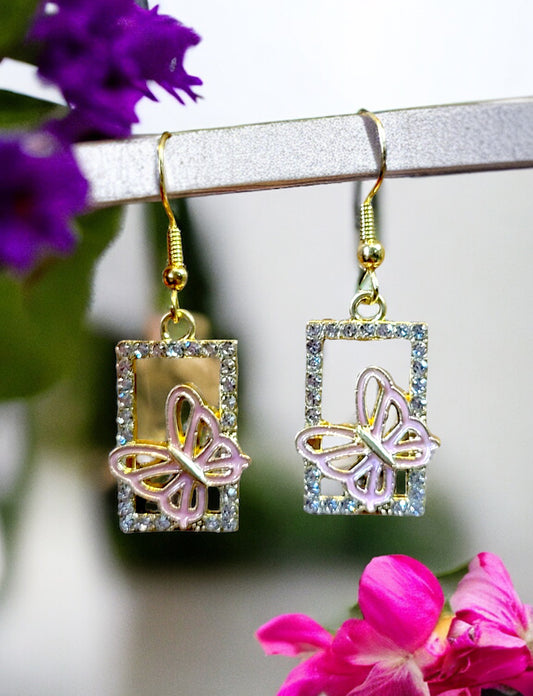 Square Pink Butterfly Charm Dangle Earrings