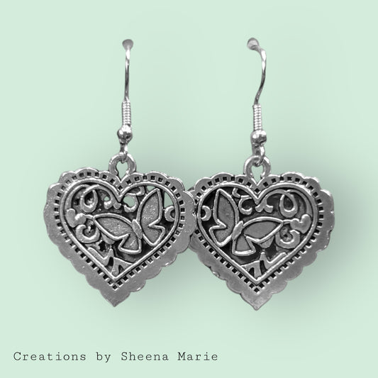 Floral Butterfly Heart Charm Dangle Earrings