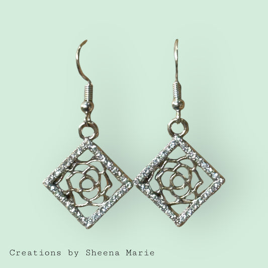 Square Rose Charm Bling Dangle Earrings