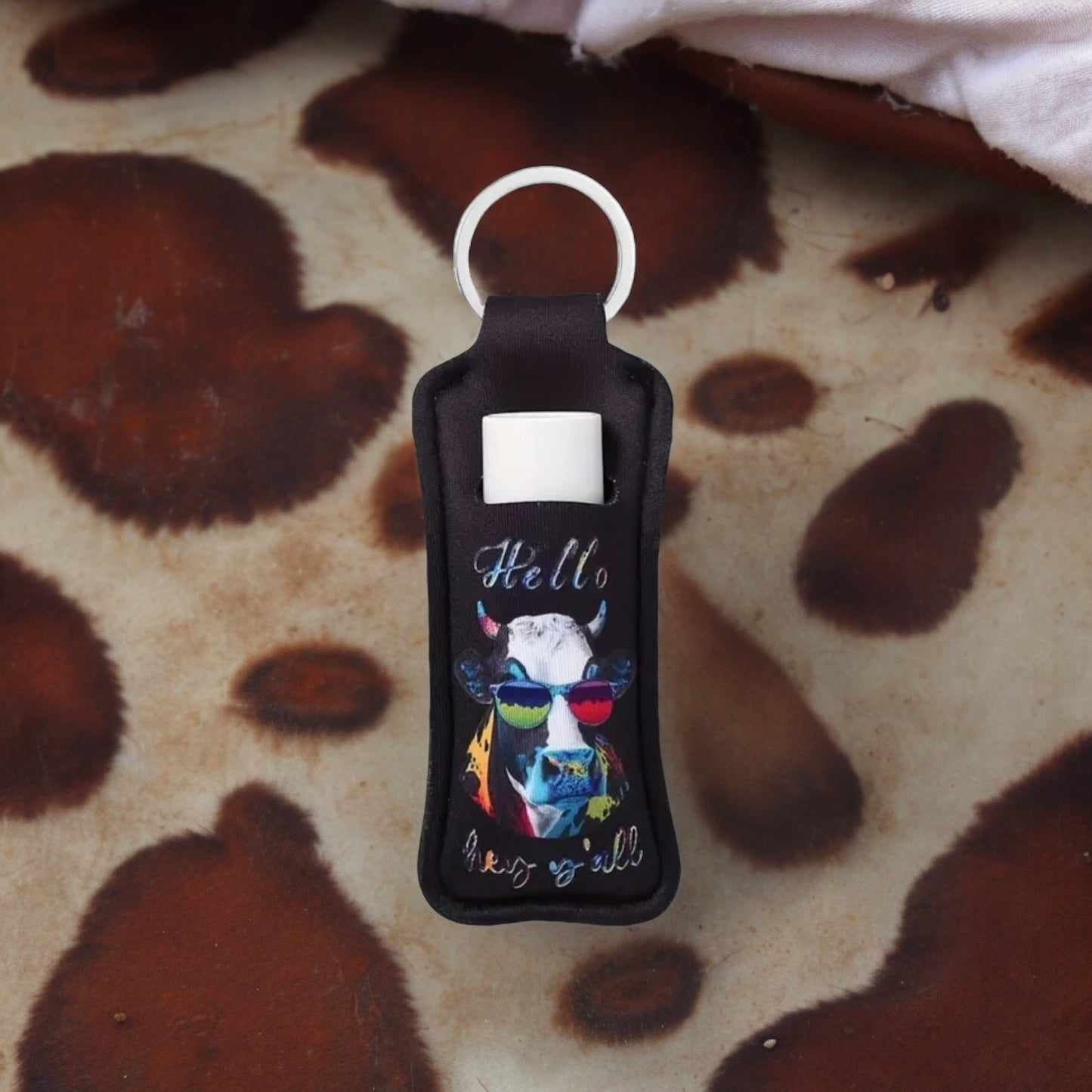 Cow Neoprene Lip Balm Holder Keychain