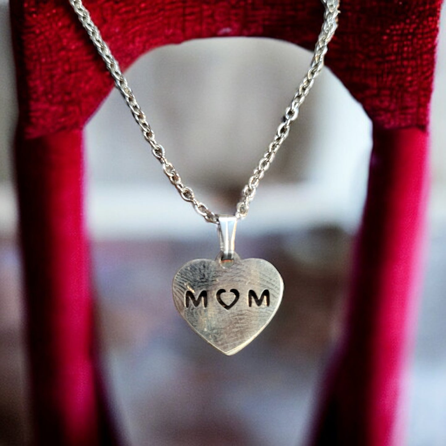 Stainless Steel Heart-Shaped Mom Charm Necklace