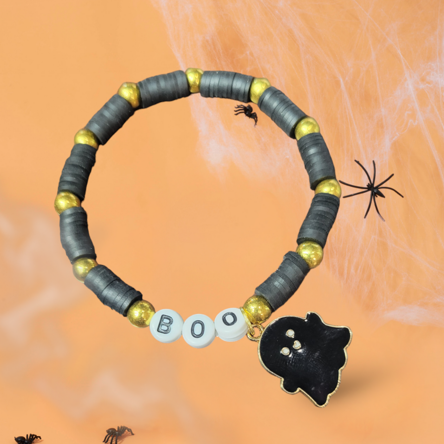 Boo Ghost Charm Clay Beaded Stretch Bracelet