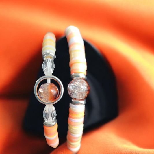 Orange Iridescent Clay Beaded Stretch Bracelet with Split Color Center Bead by RLH Creative Design