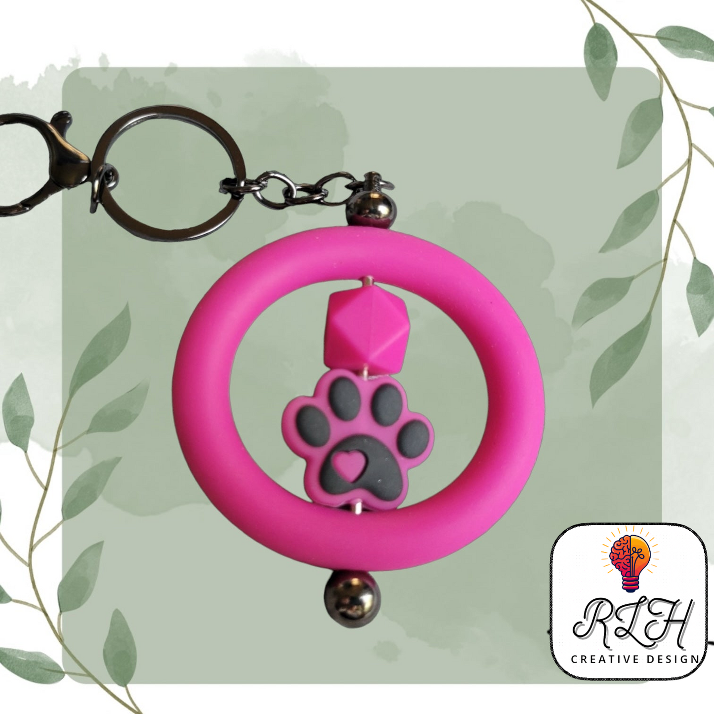 Fuschia Paw Print with Circle Silicone Beaded Keychain by RLH Creative Design