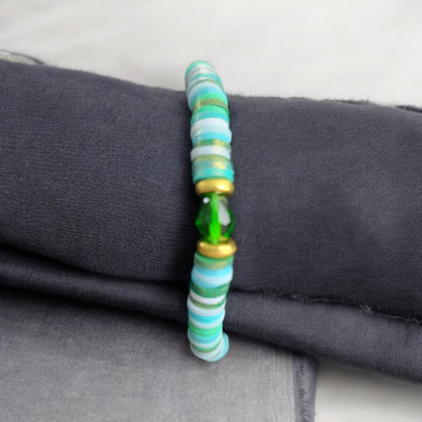 Green Iridescent Clay Hand Beaded Stretch Bracelet with Center Bead by RLH Creative Design