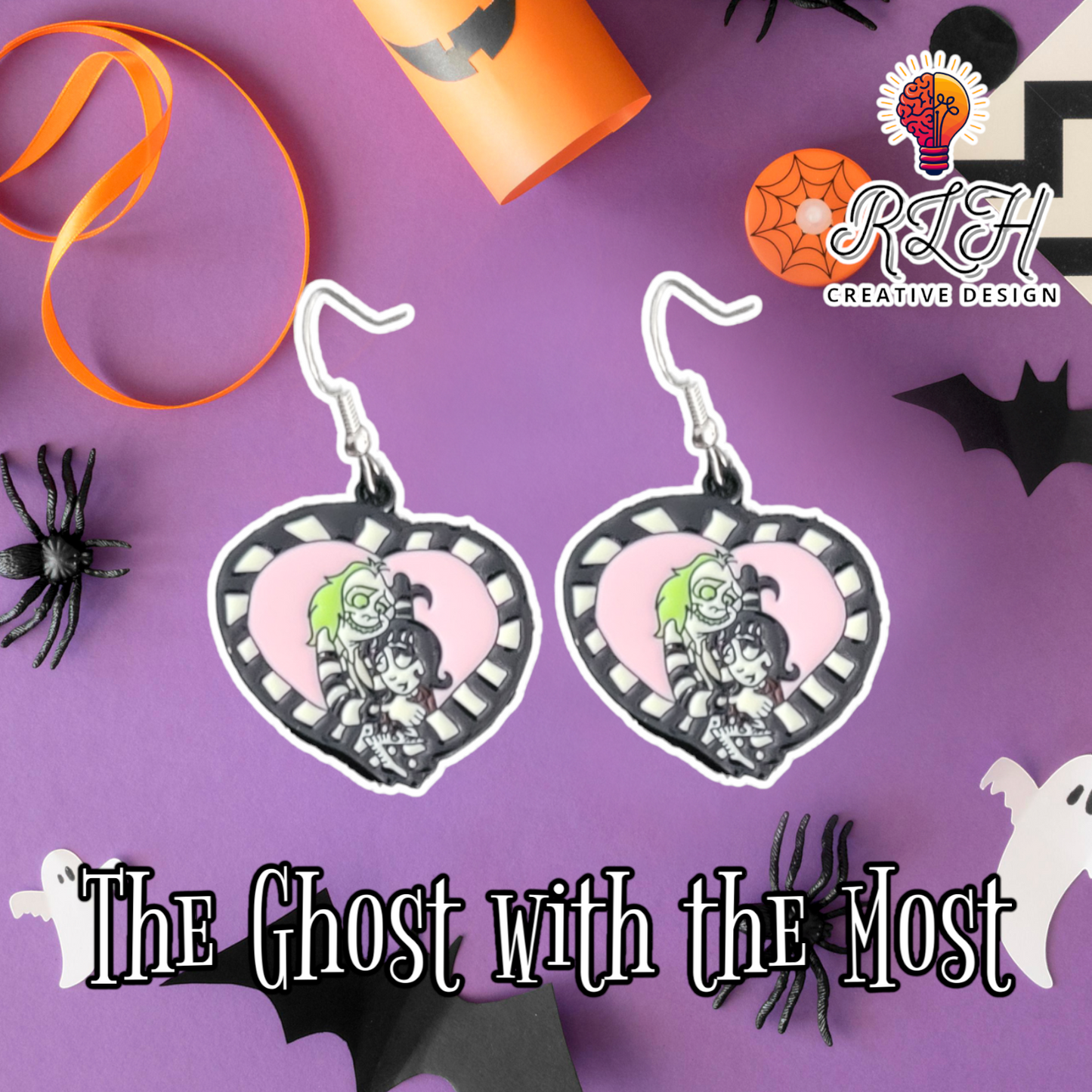 Beetlejuice & Lydia Heart Halloween Dangle Earrings by RLH Creative Design