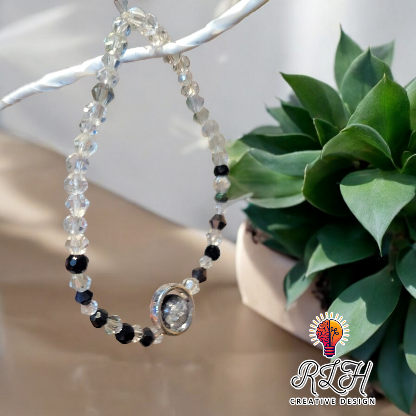 Black and White Hand Beaded Stretch Bracelet with Focal Bead by RLH Creative Design