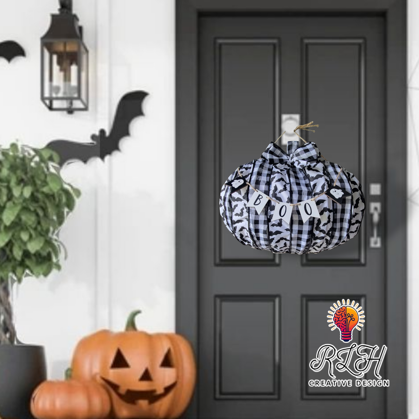 Handmade Plaid & Bat Ribbon Pumpkin Halloween with Boo Banner Door Hanger by RLH Creative Design