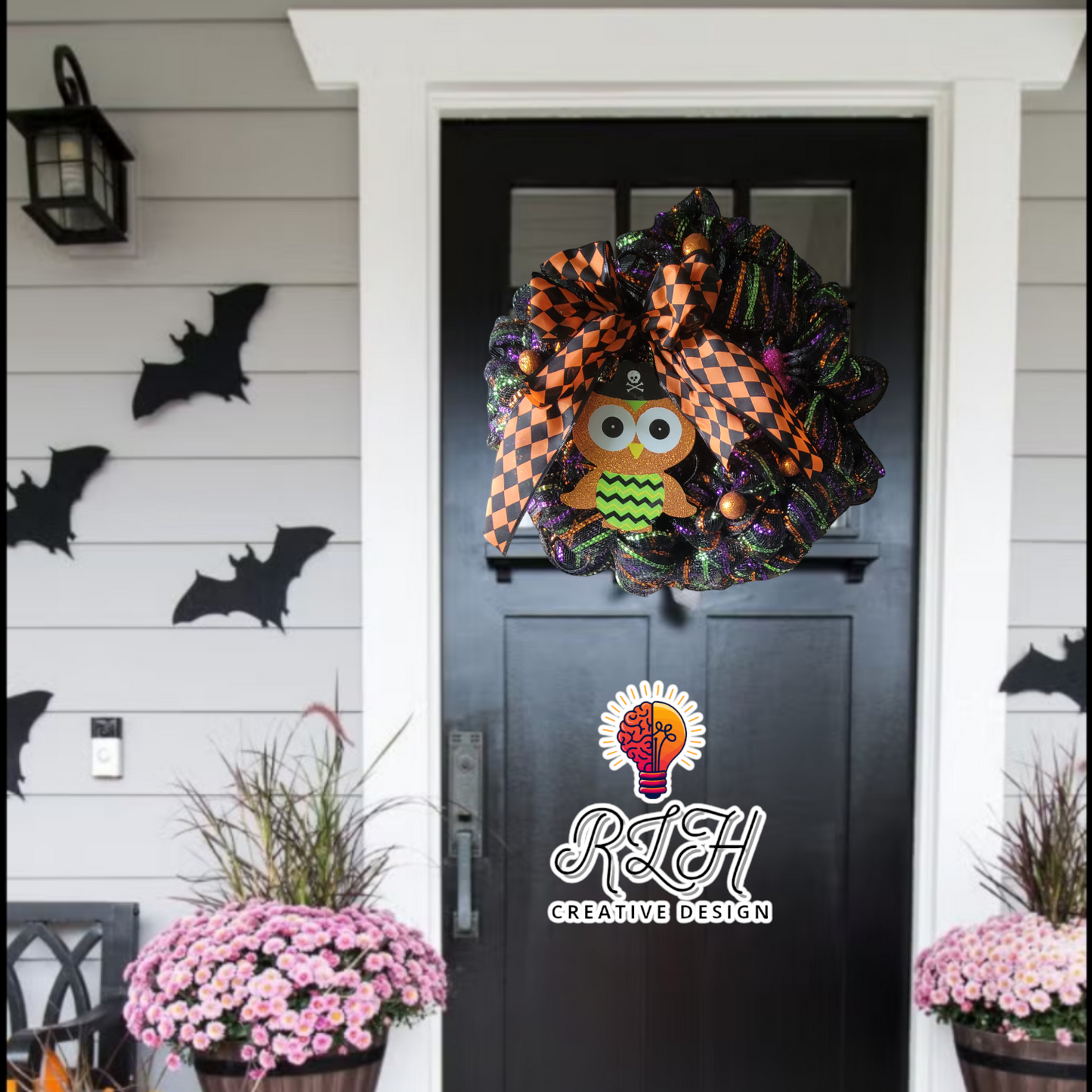 Spooky Cute Owl Halloween Mesh Wreath Door Hanger by RLH Creative Design