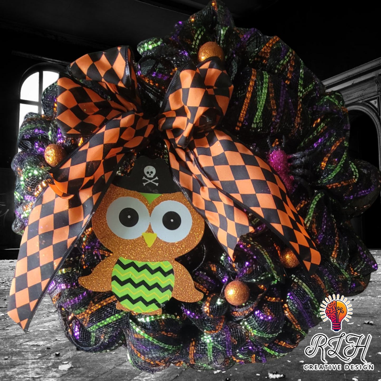 Spooky Cute Owl Halloween Mesh Wreath Door Hanger by RLH Creative Design