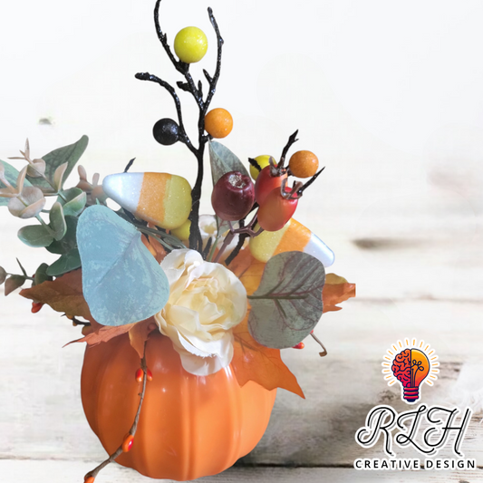 Halloween Candy Corn Pumpkin Floral Arrangement Table Top Decor by RLH Creative Design