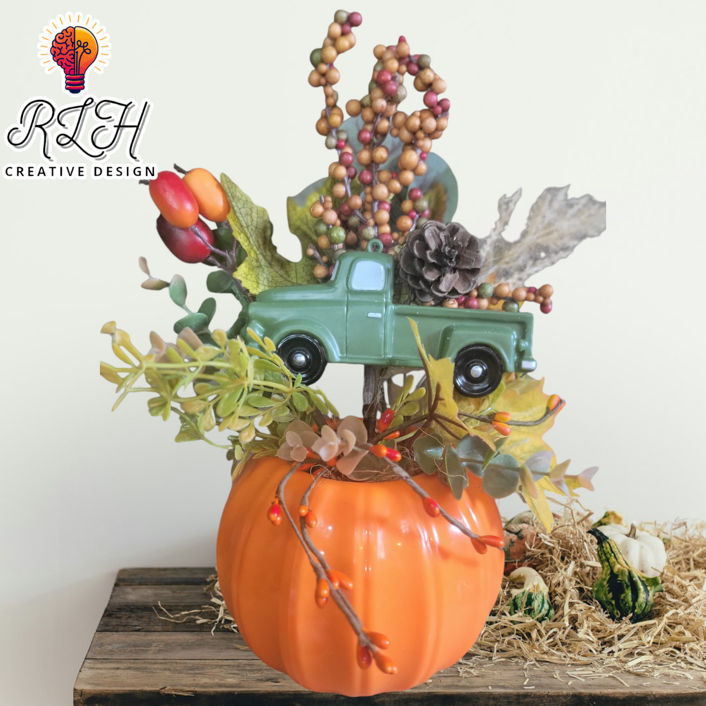 Fall Truck Pumpkin Floral Arrangement Table Top Decor by RLH Creative Design