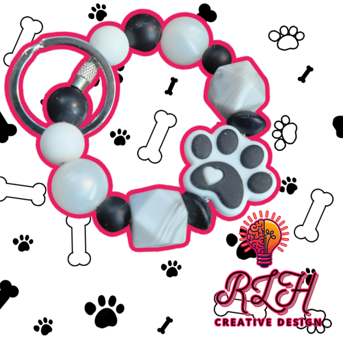 White and Black Paw Print Small Loop Silicone Beaded Keychain by RLH Creative Design