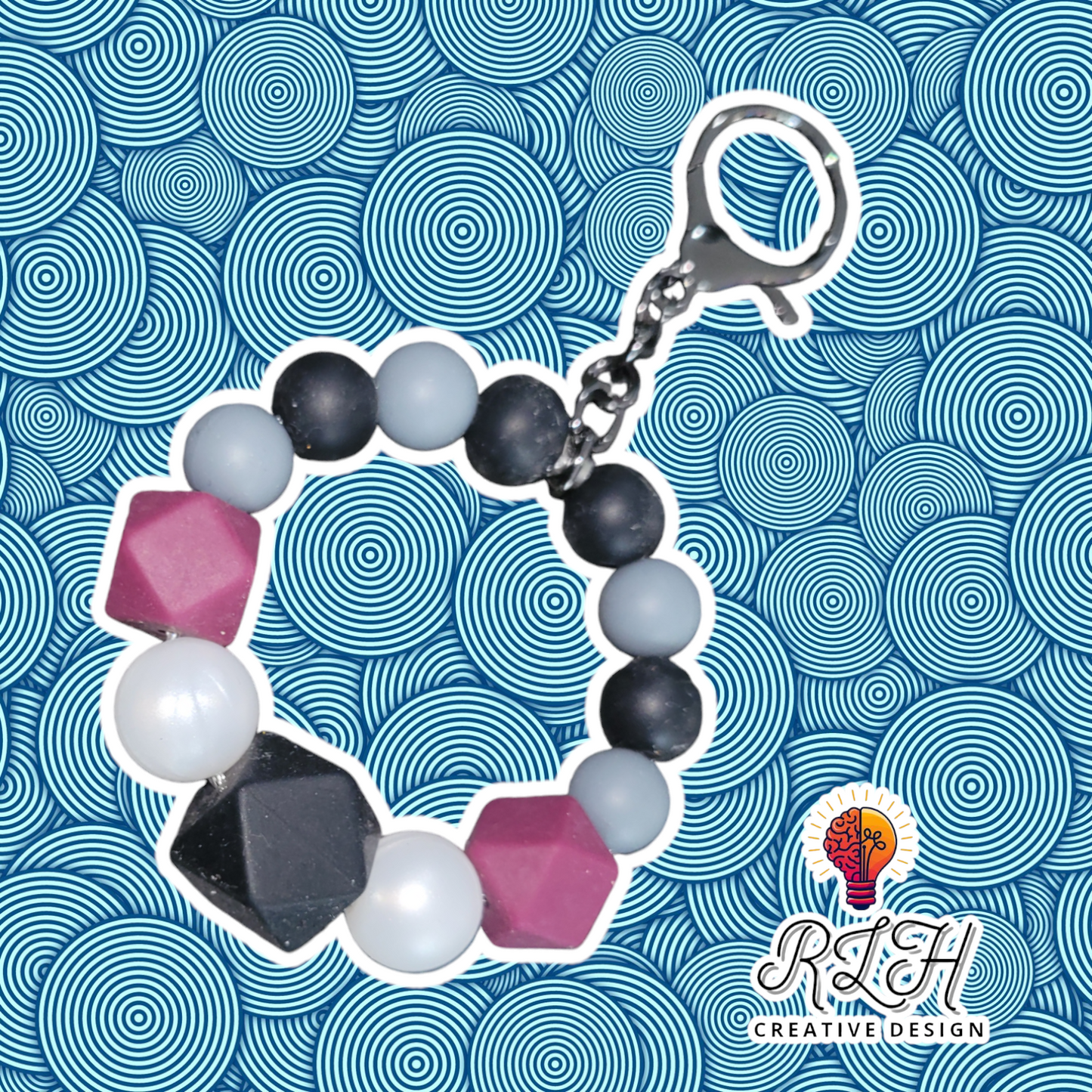 Burgundy, Black, White, & Grey Small Loop Silicone Beaded Keychain by RLH Creative Design